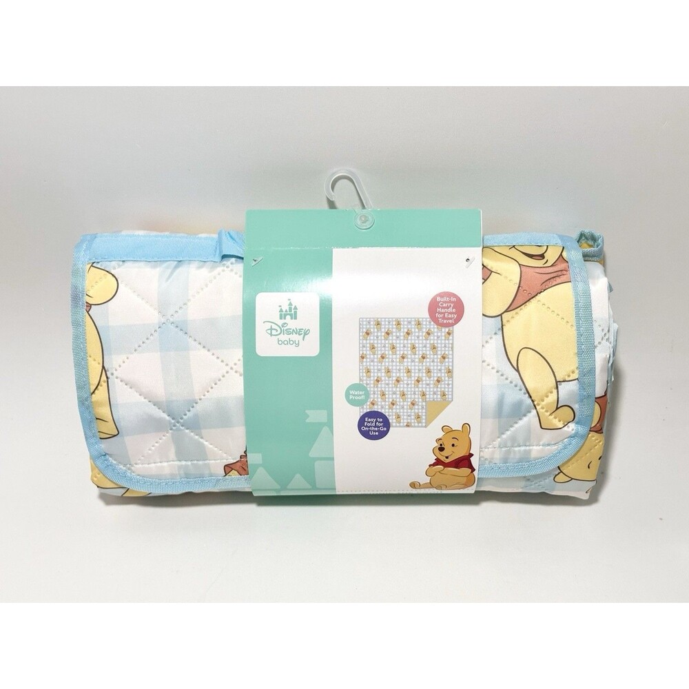 Disney Baby Winnie the Pooh Outdoor Picnic Blanket Gingham Blue Waterproof 50x60